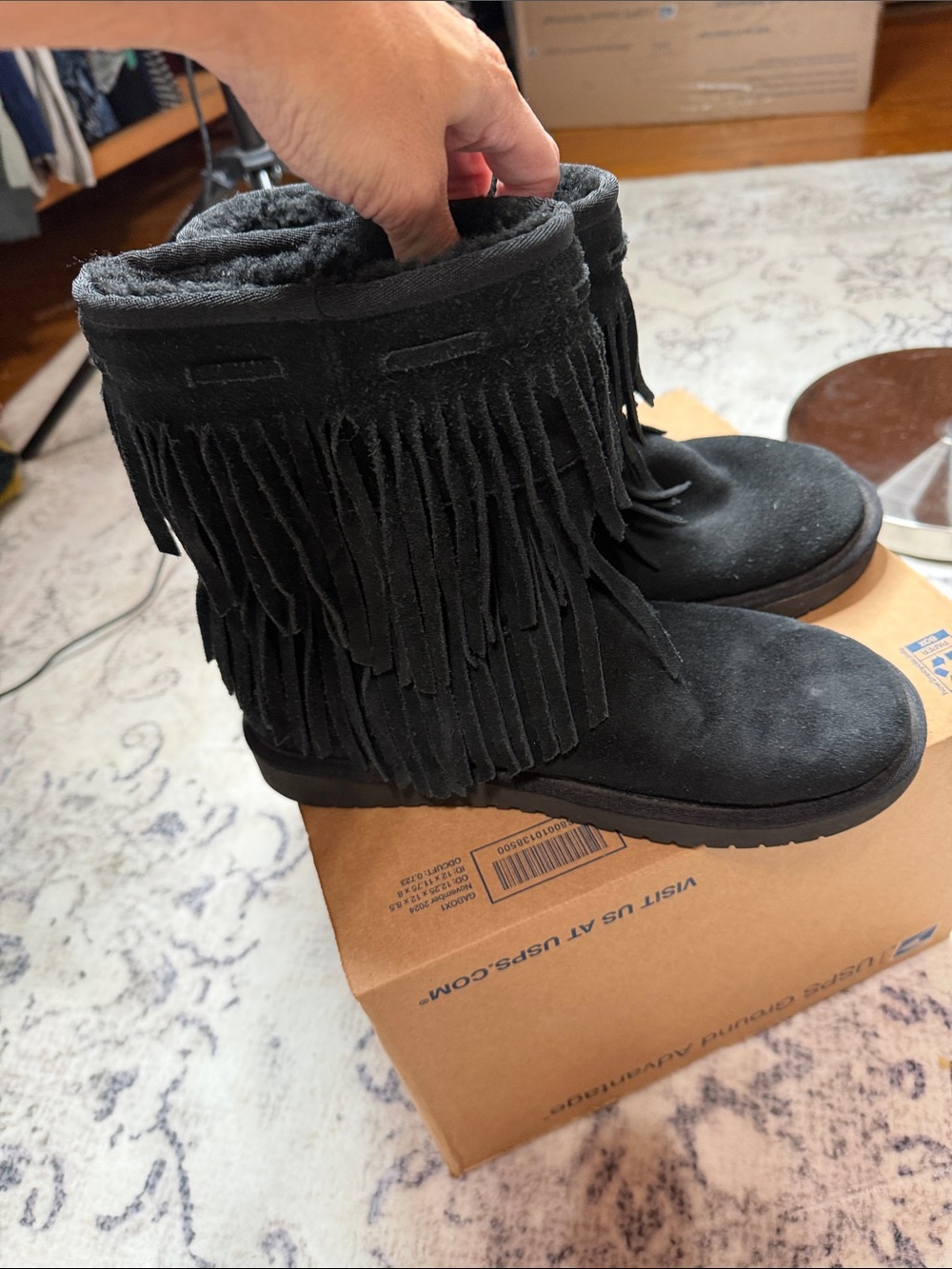 Koolaburra by UGG Black Suede Fringe Shearling-Lined Women's Slippers